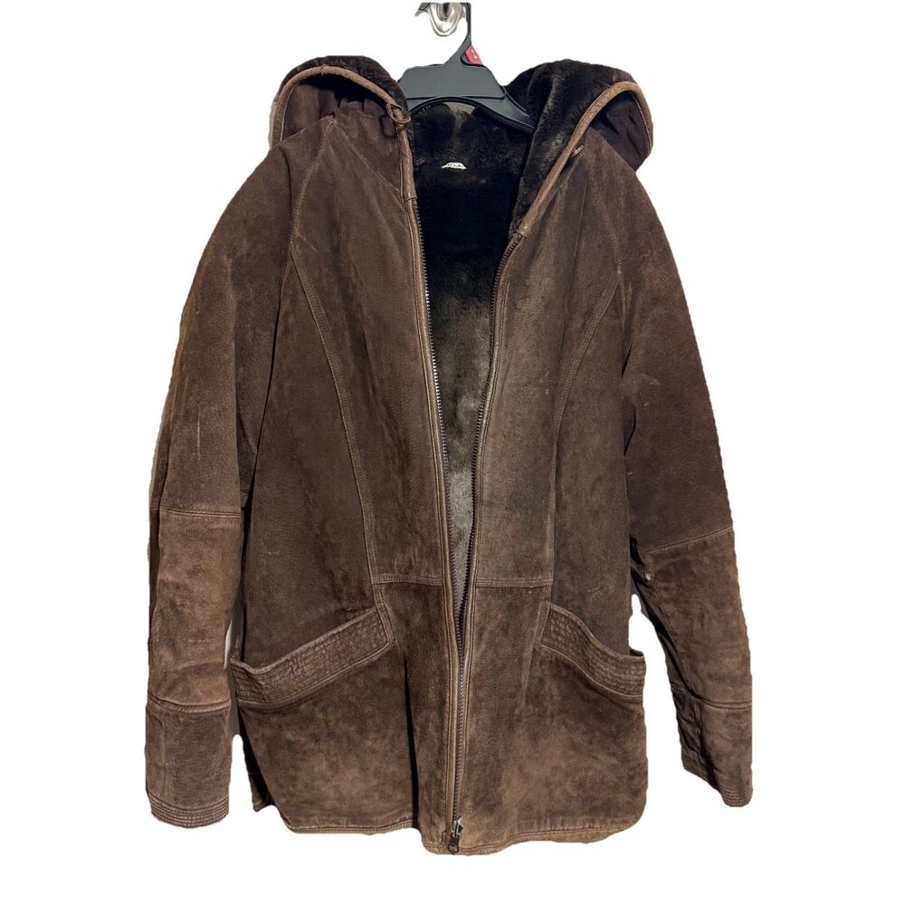 Winlit Genuine Suede Leather Jacket Mens Sz Large L Hood Brown Warm Coat